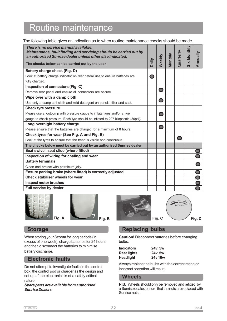 Routine maintenance, Storage, Electronic faults | Replacing bulbs, Wheels | Sterling Power Products Elite XS User Manual | Page 26 / 30