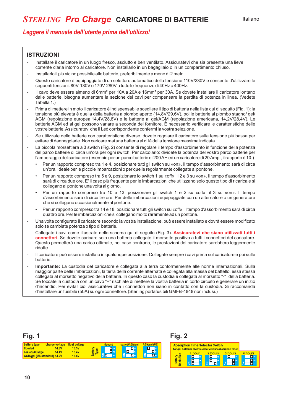 Pro charge, Terling, Caricatore di batterie | Leggere il manuale dell’utente prima dell’utilizzo, Fig. 1 fig. 2 | Sterling Power Products PT1220 User Manual | Page 10 / 16