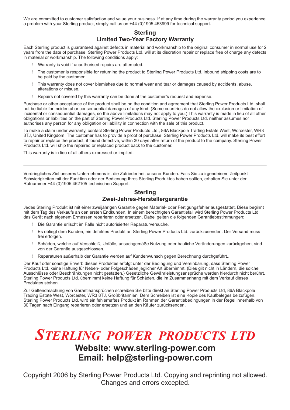 Terling power products ltd | Sterling Power Products PT1220 User Manual | Page 16 / 16