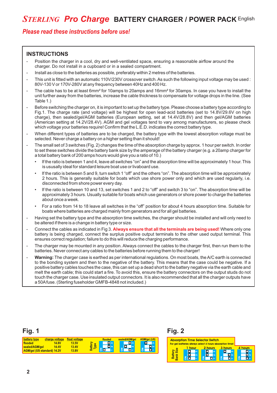 Pro charge, Terling, Battery charger / power pack | Please read these instructions before use, Fig. 1 fig. 2 | Sterling Power Products PT1220 User Manual | Page 2 / 16
