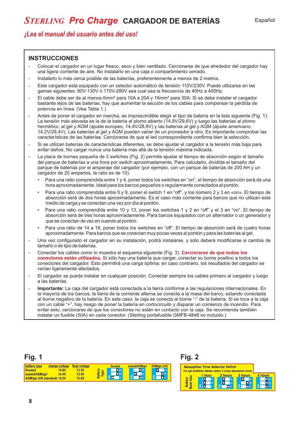 Pro charge, Terling, Cargador de baterías | Lea el manual del usuario antes del uso, Fig. 1 fig. 2 | Sterling Power Products PT1220 User Manual | Page 8 / 16