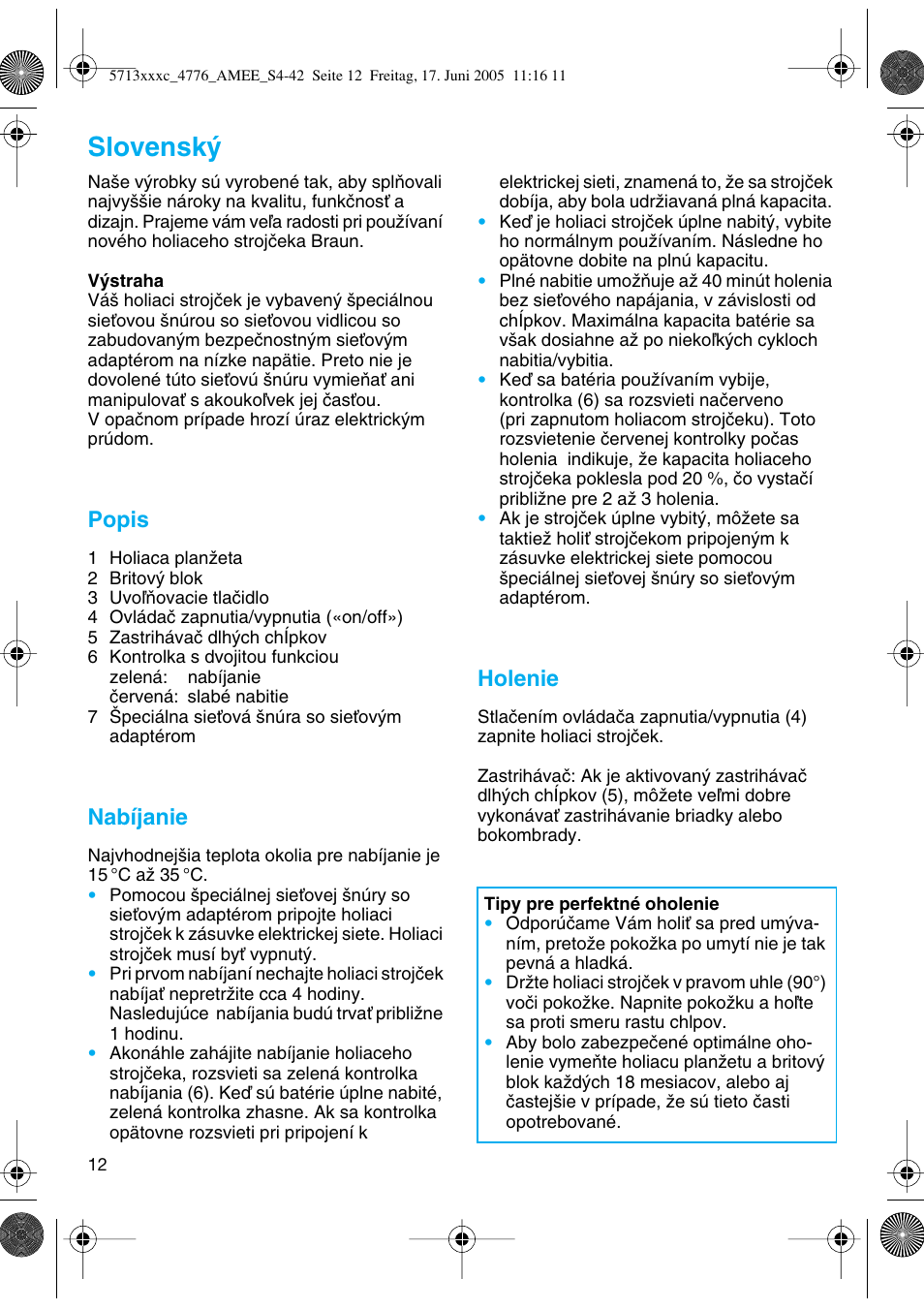 Slovensk, Popis, Nabíjanie | Holenie | Braun 4776 User Manual | Page 12 / 40
