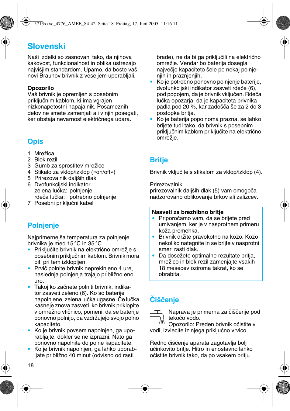Slovenski | Braun 4776 User Manual | Page 18 / 40