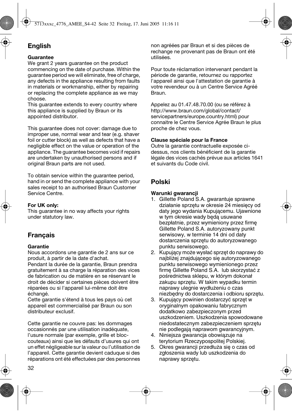 English, Français, Polski | Braun 4776 User Manual | Page 32 / 40