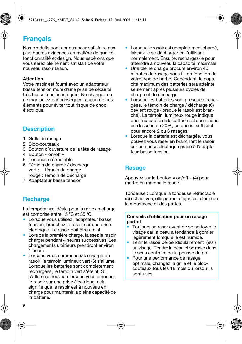 Français, Description, Recharge | Rasage | Braun 4776 User Manual | Page 6 / 40