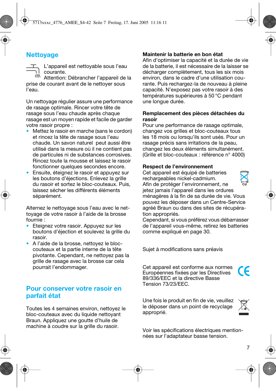 Nettoyage, Pour conserver votre rasoir en parfait état | Braun 4776 User Manual | Page 7 / 40