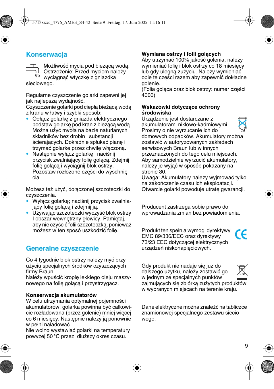 Konserwacja, Generalne czyszczenie | Braun 4776 User Manual | Page 9 / 40