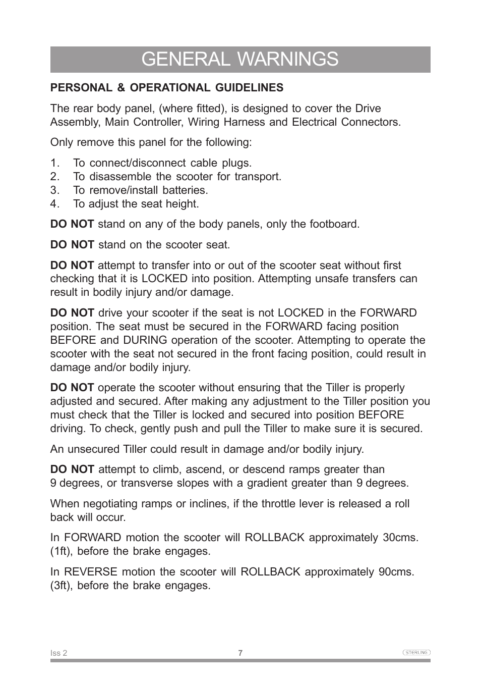 General warnings | Sterling Power Products Scooter User Manual | Page 10 / 40