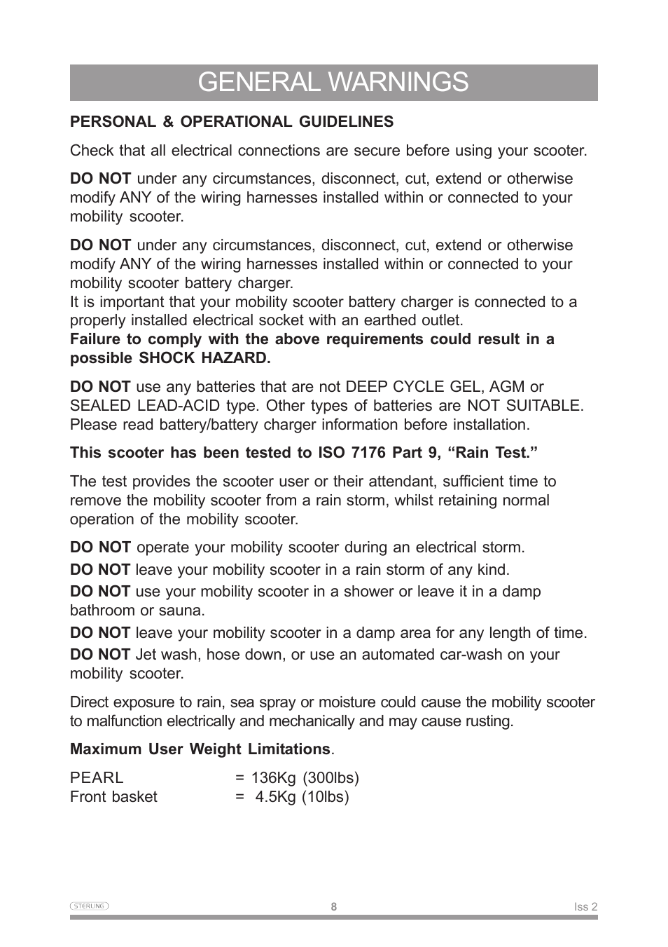 General warnings | Sterling Power Products Scooter User Manual | Page 11 / 40