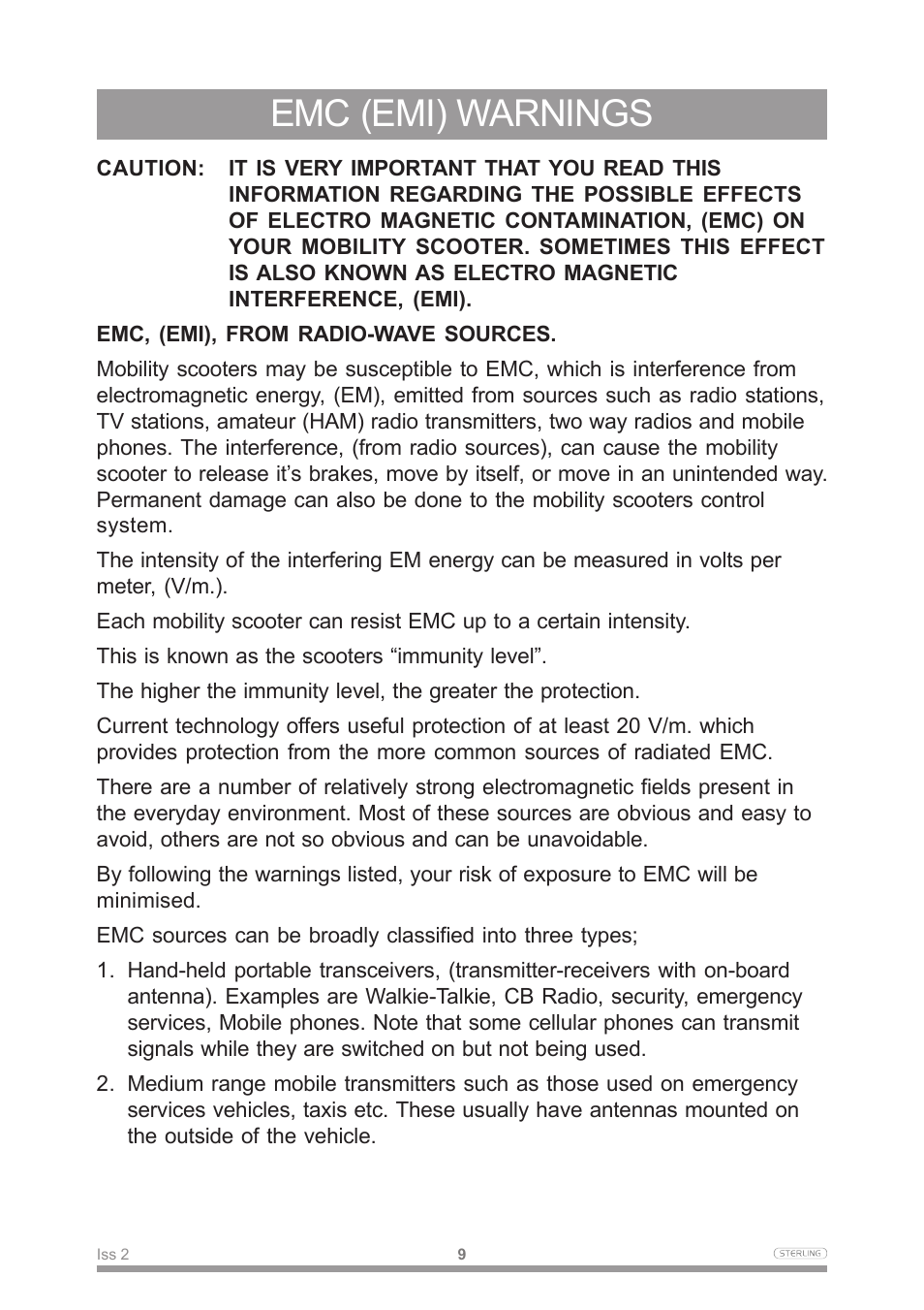 Emc (emi) warnings | Sterling Power Products Scooter User Manual | Page 12 / 40