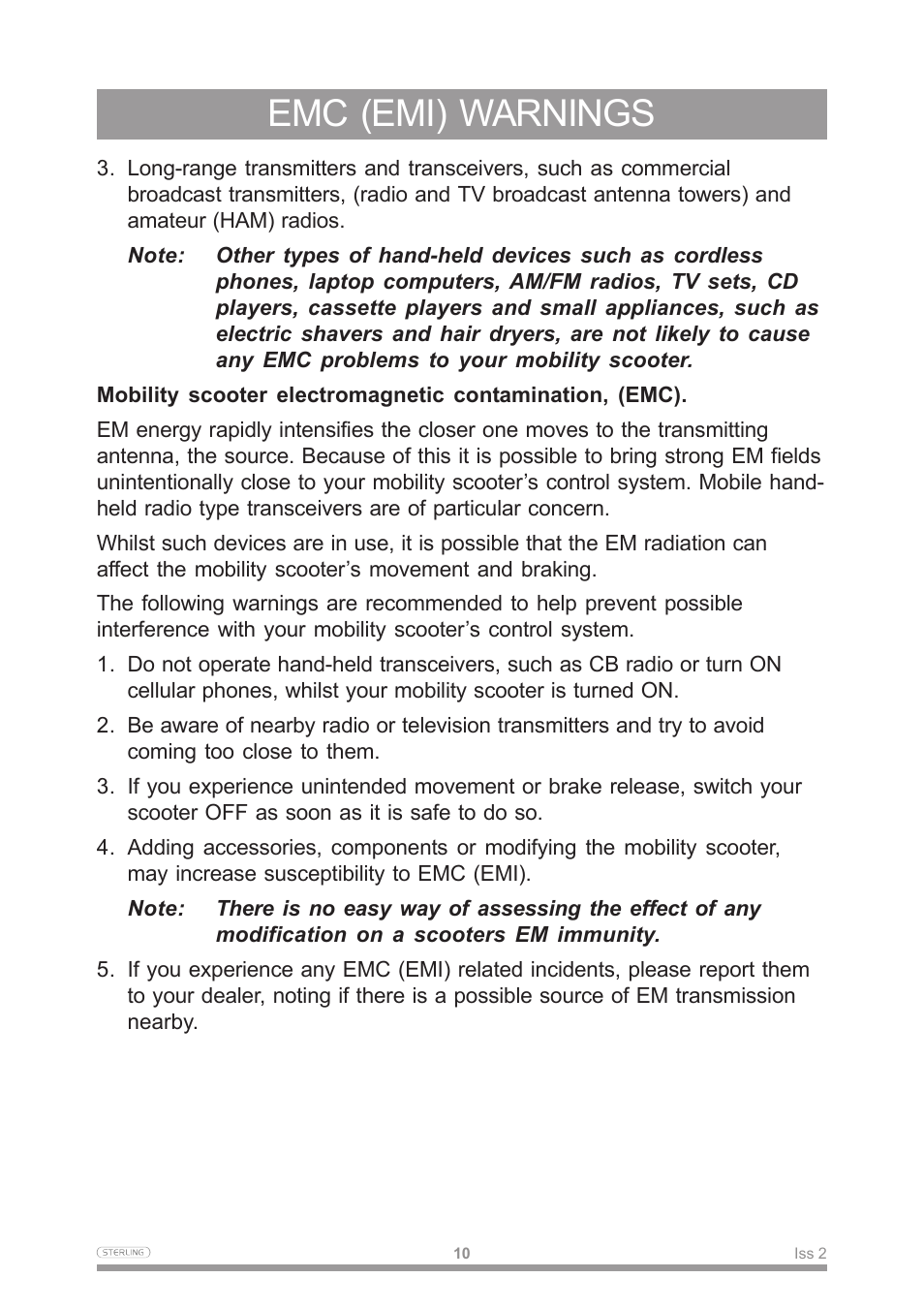 Emc (emi) warnings | Sterling Power Products Scooter User Manual | Page 13 / 40