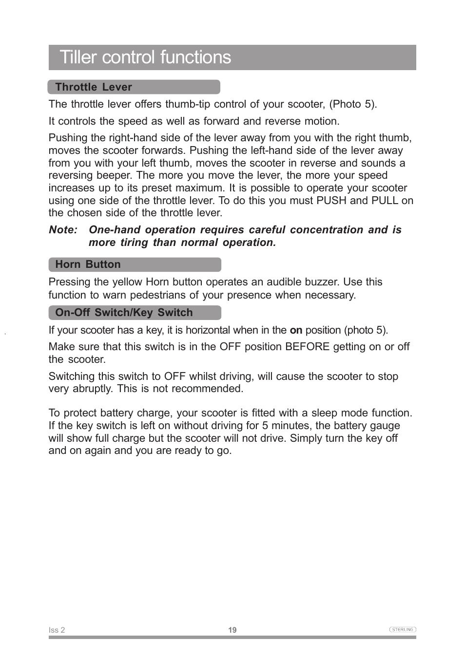 Tiller control functions | Sterling Power Products Scooter User Manual | Page 22 / 40