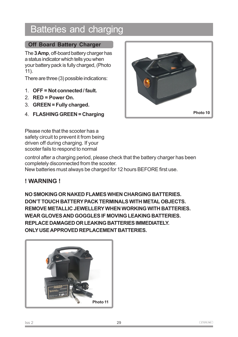 Batteries and charging, Warning | Sterling Power Products Scooter User Manual | Page 32 / 40