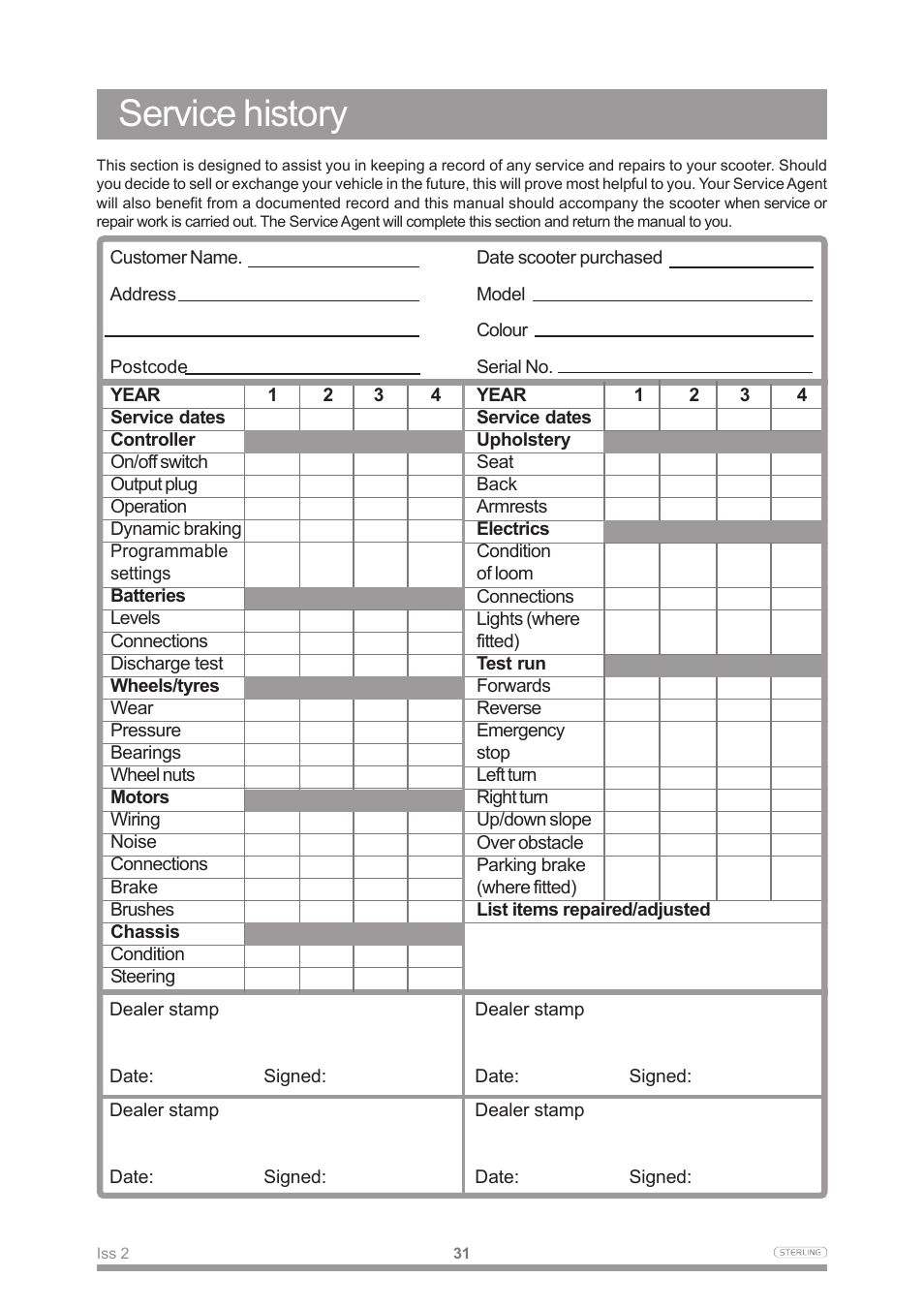 Service history | Sterling Power Products Scooter User Manual | Page 34 / 40