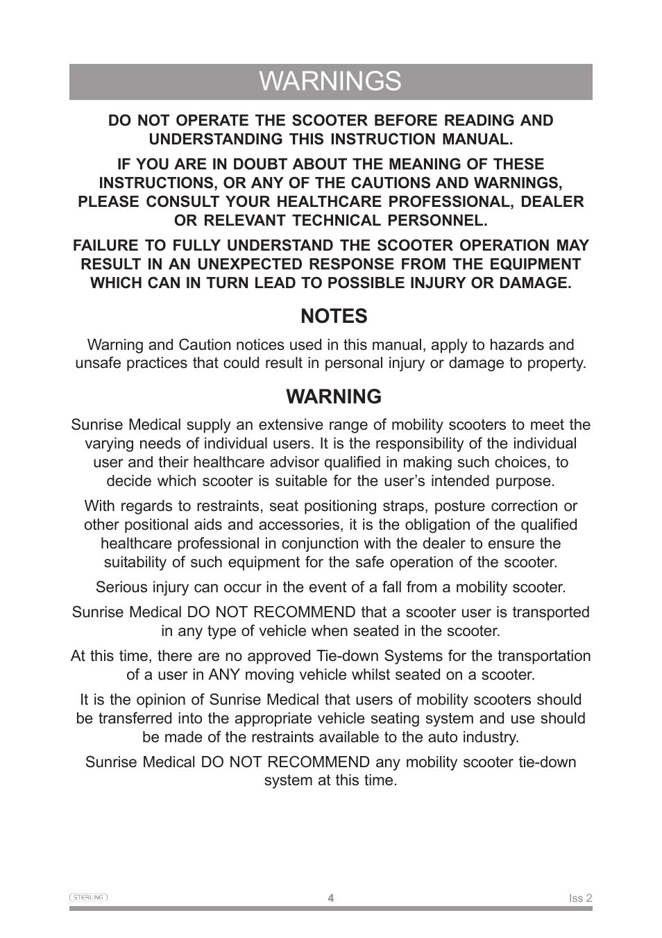 Warnings, Warning | Sterling Power Products Scooter User Manual | Page 7 / 40