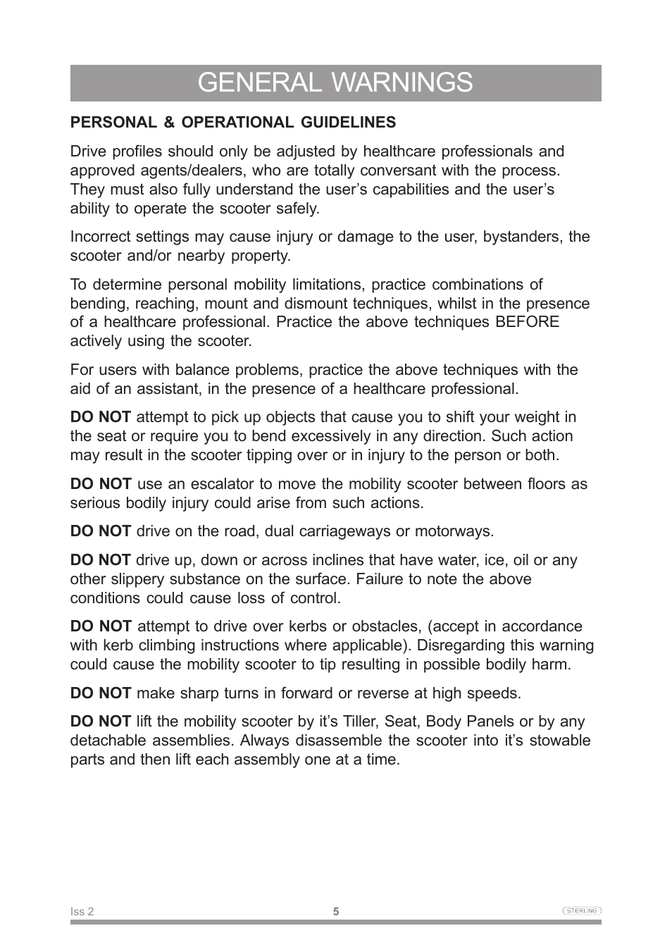 General warnings | Sterling Power Products Scooter User Manual | Page 8 / 40