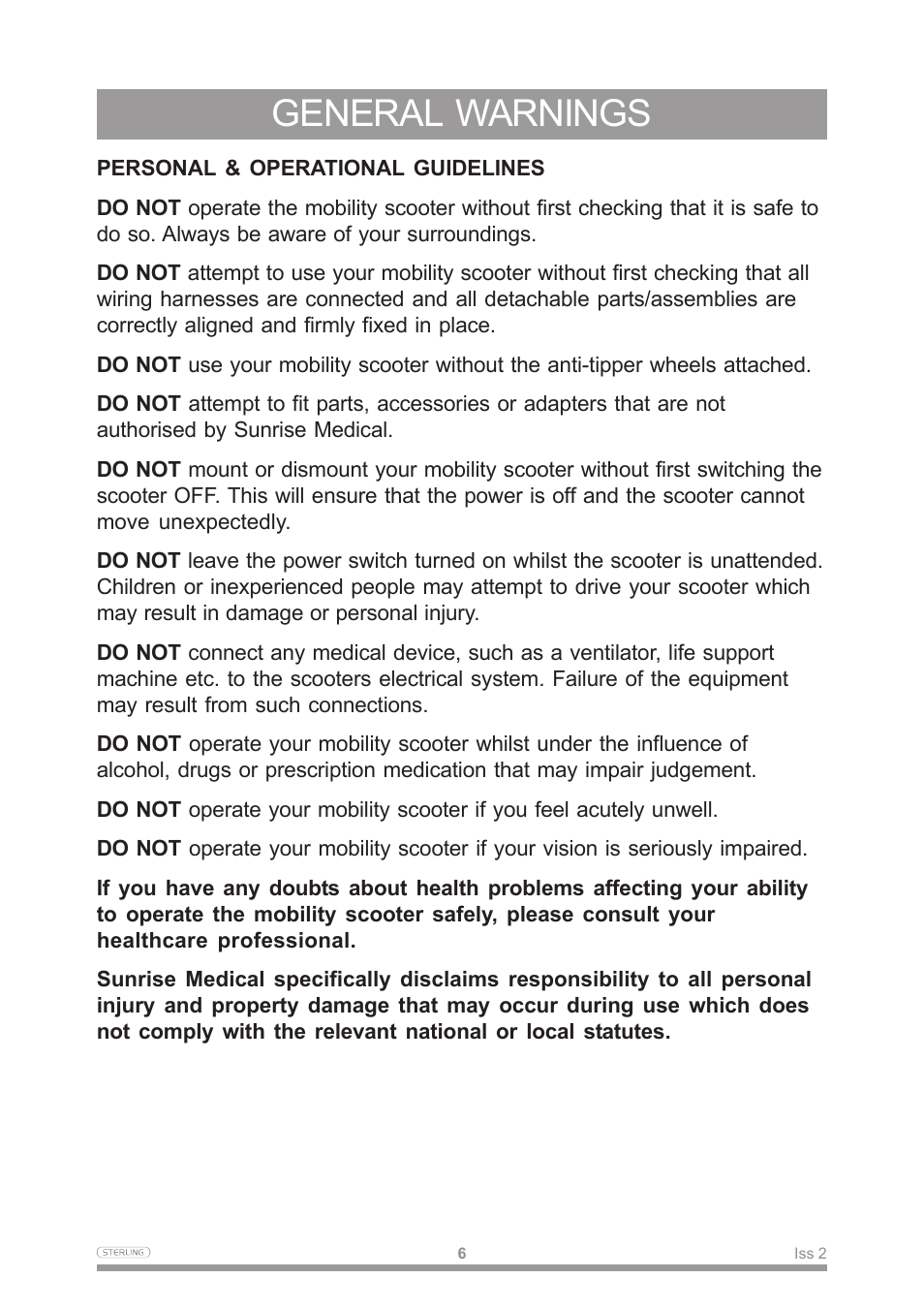 General warnings | Sterling Power Products Scooter User Manual | Page 9 / 40