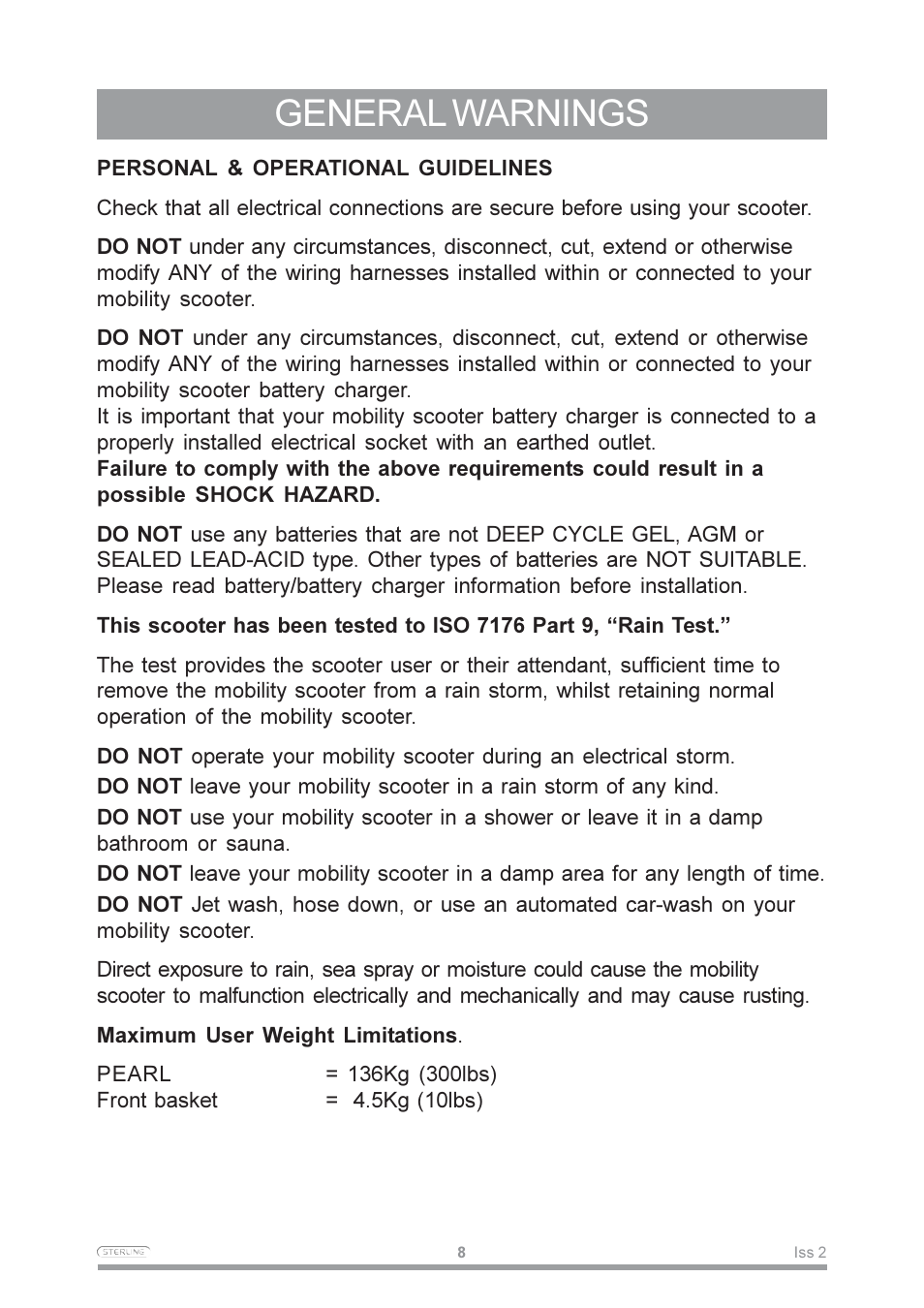 General warnings | Sterling Power Products Pearl User Manual | Page 11 / 40