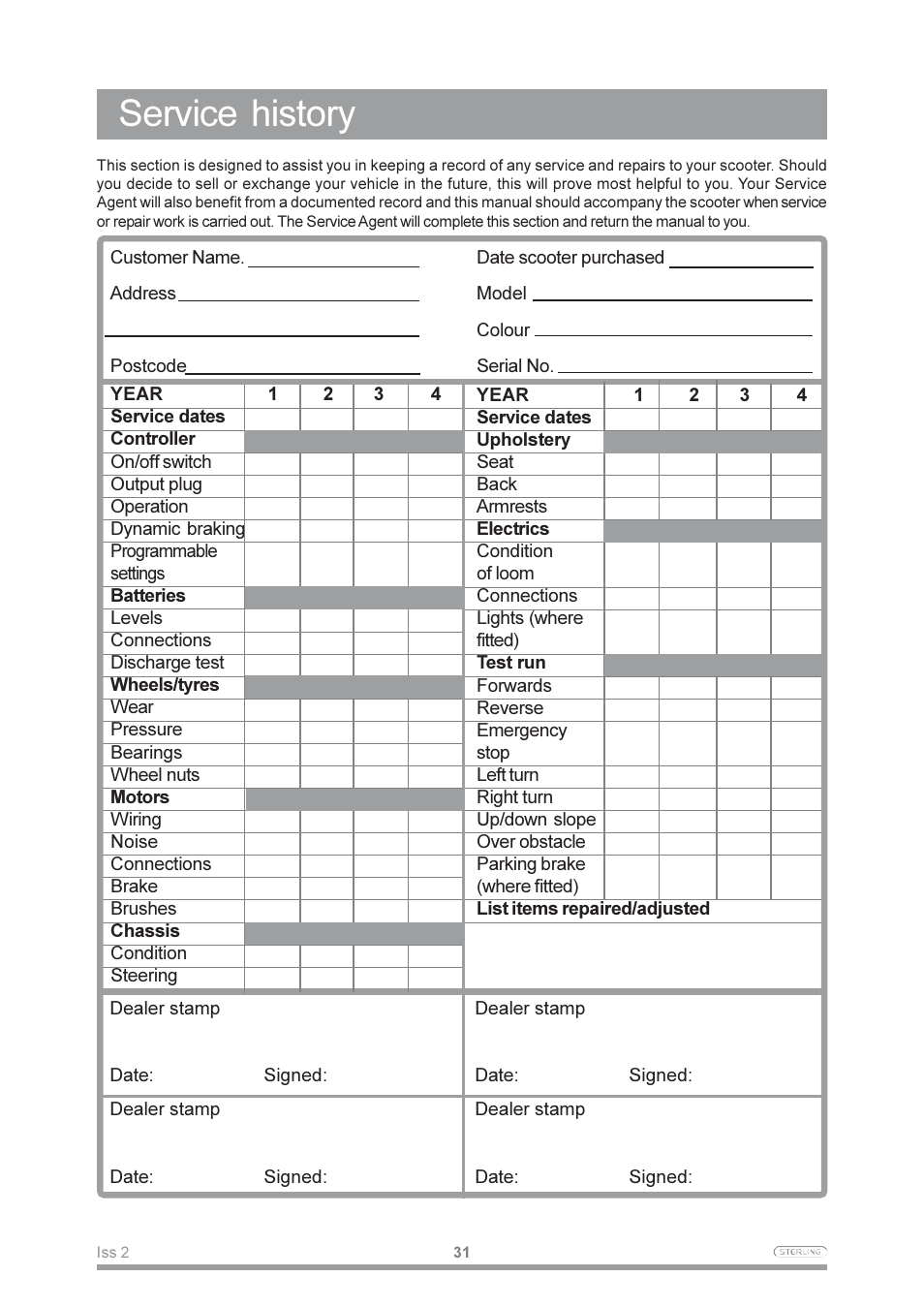 Service history | Sterling Power Products Pearl User Manual | Page 34 / 40