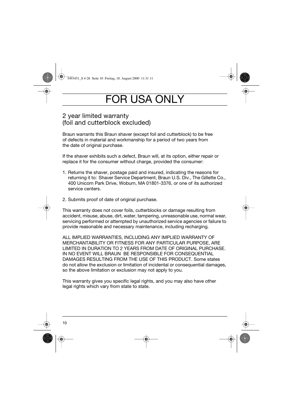 For usa only | Braun 7505 Syncro  EN User Manual | Page 10 / 26