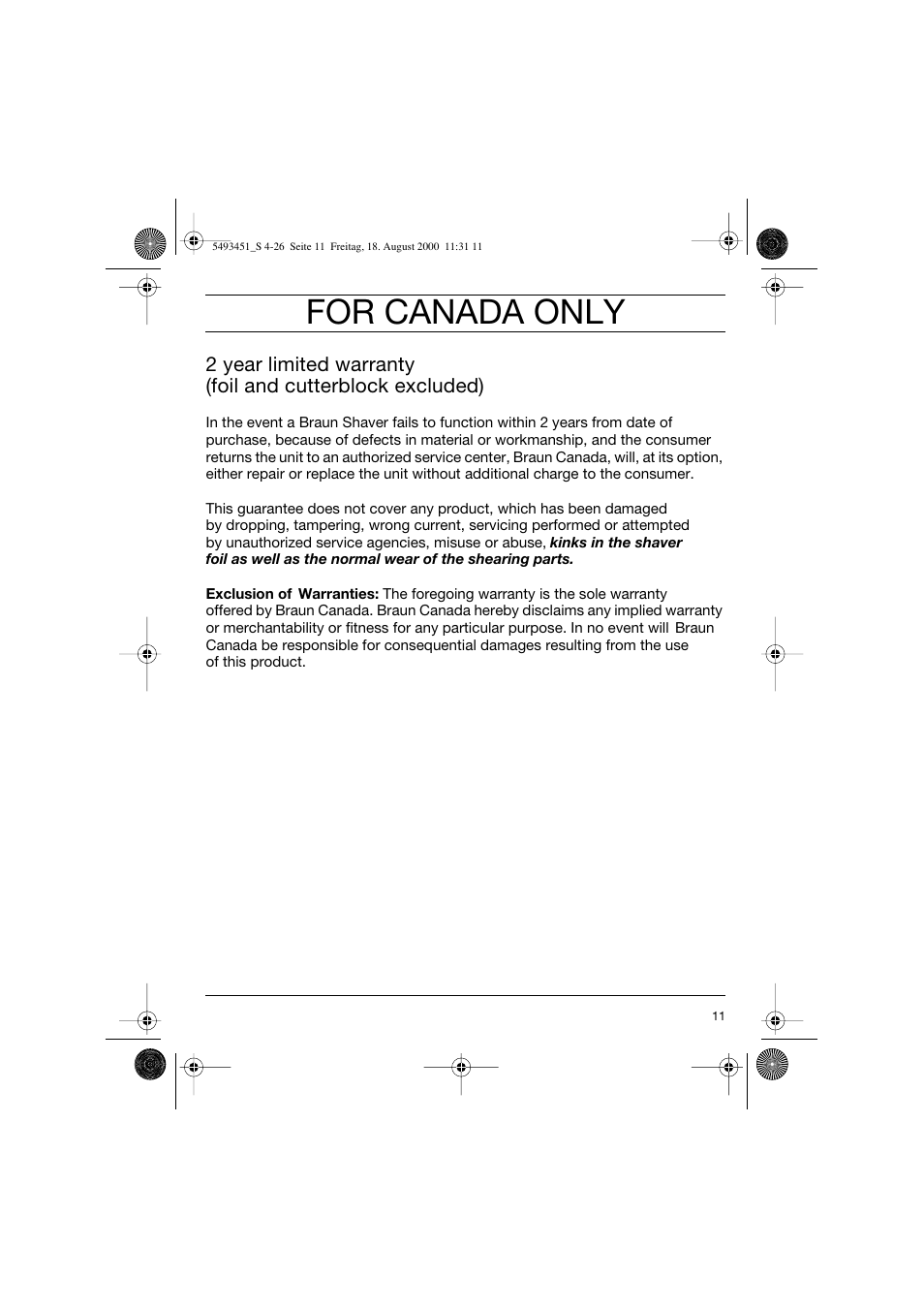 For canada only | Braun 7505 Syncro  EN User Manual | Page 11 / 26