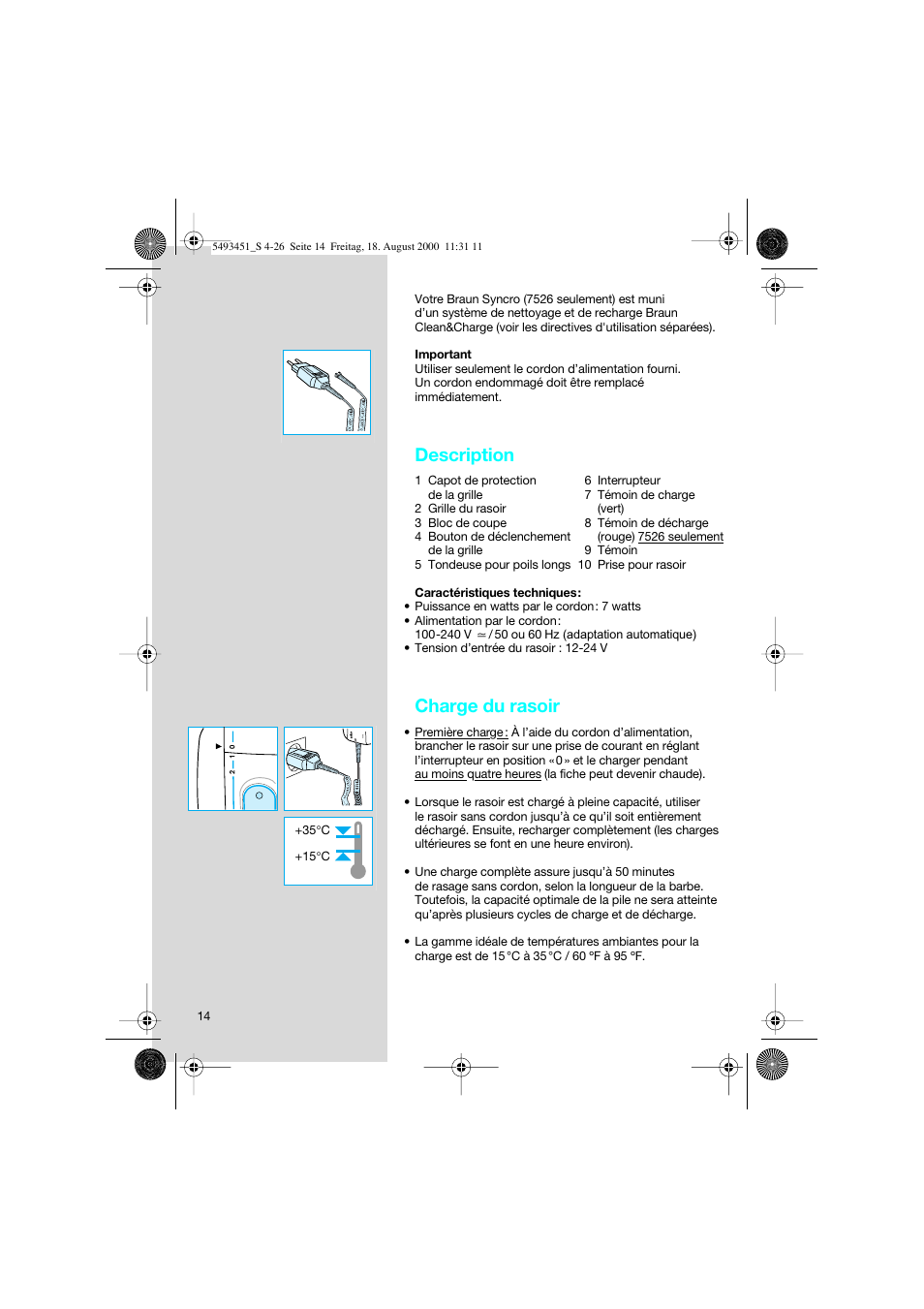 Description, Charge du rasoir | Braun 7505 Syncro  EN User Manual | Page 14 / 26