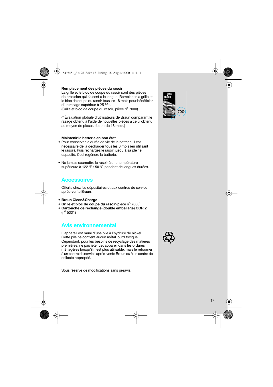 Accessoires, Avis environnemental | Braun 7505 Syncro  EN User Manual | Page 17 / 26