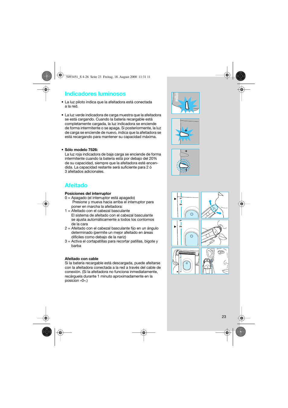 Indicadores luminosos, Afeitado | Braun 7505 Syncro  EN User Manual | Page 23 / 26