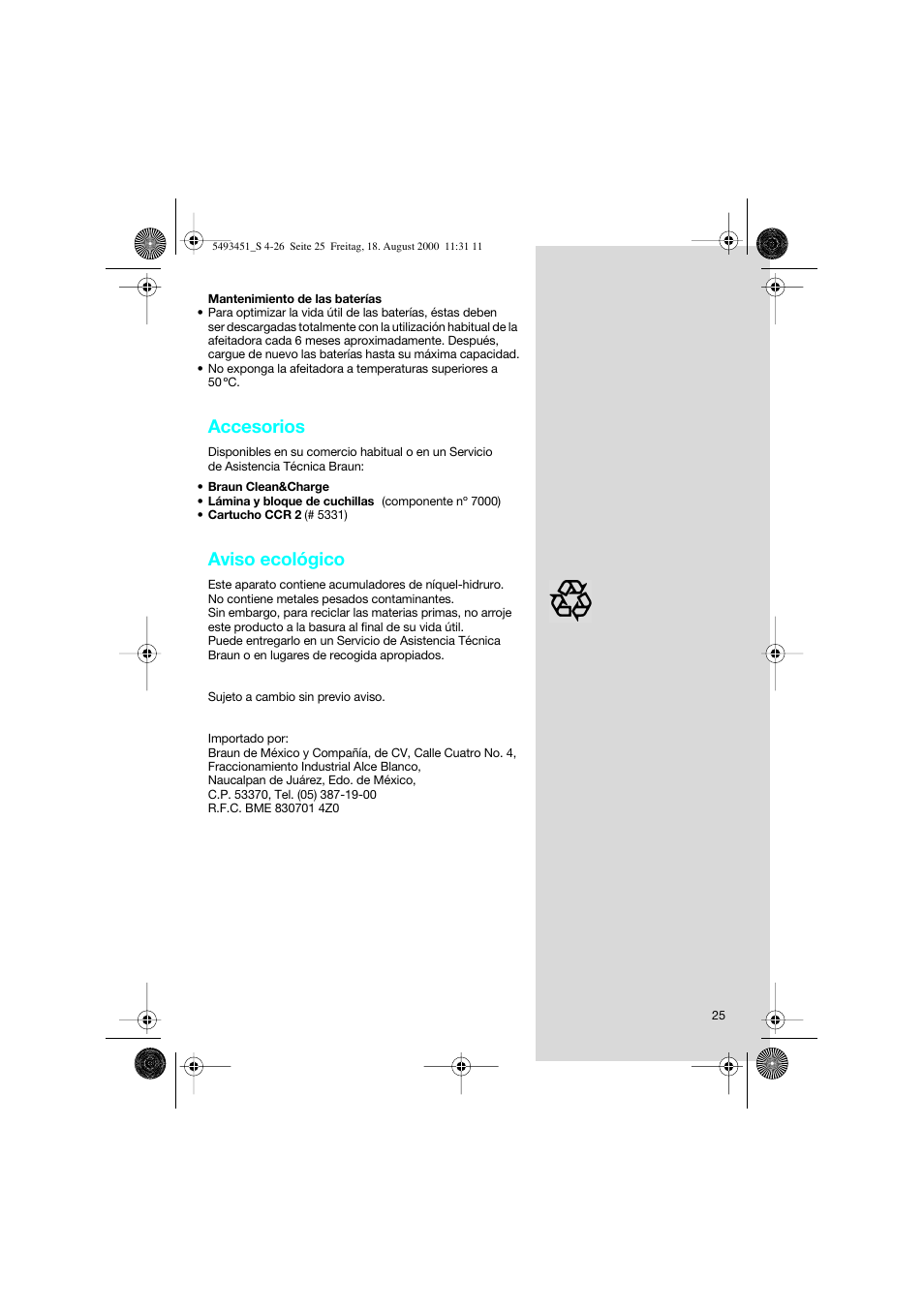 Accesorios, Aviso ecológico | Braun 7505 Syncro  EN User Manual | Page 25 / 26
