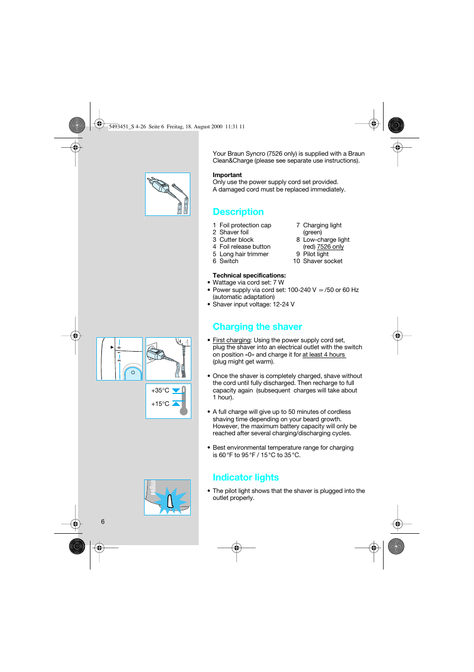 Description, Charging the shaver, Indicator lights | Braun 7505 Syncro  EN User Manual | Page 6 / 26