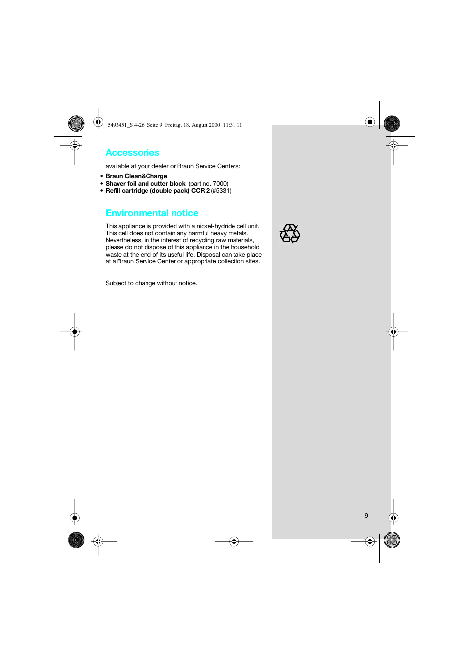 Accessories, Environmental notice | Braun 7505 Syncro  EN User Manual | Page 9 / 26