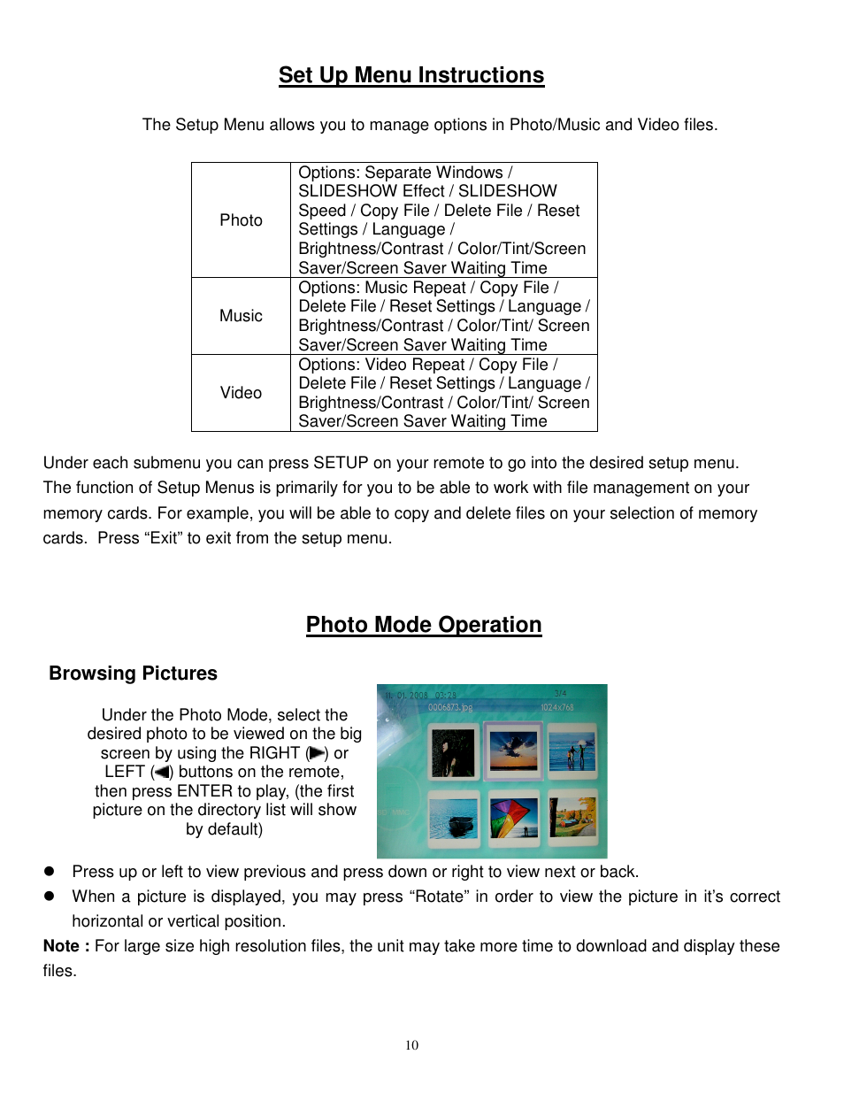 Set up menu instructions, Photo mode operation | Synapse Films 11009987 User Manual | Page 10 / 41