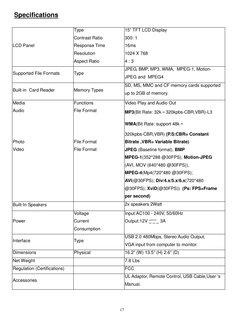 Specifications | Synapse Films 11009987 User Manual | Page 17 / 41