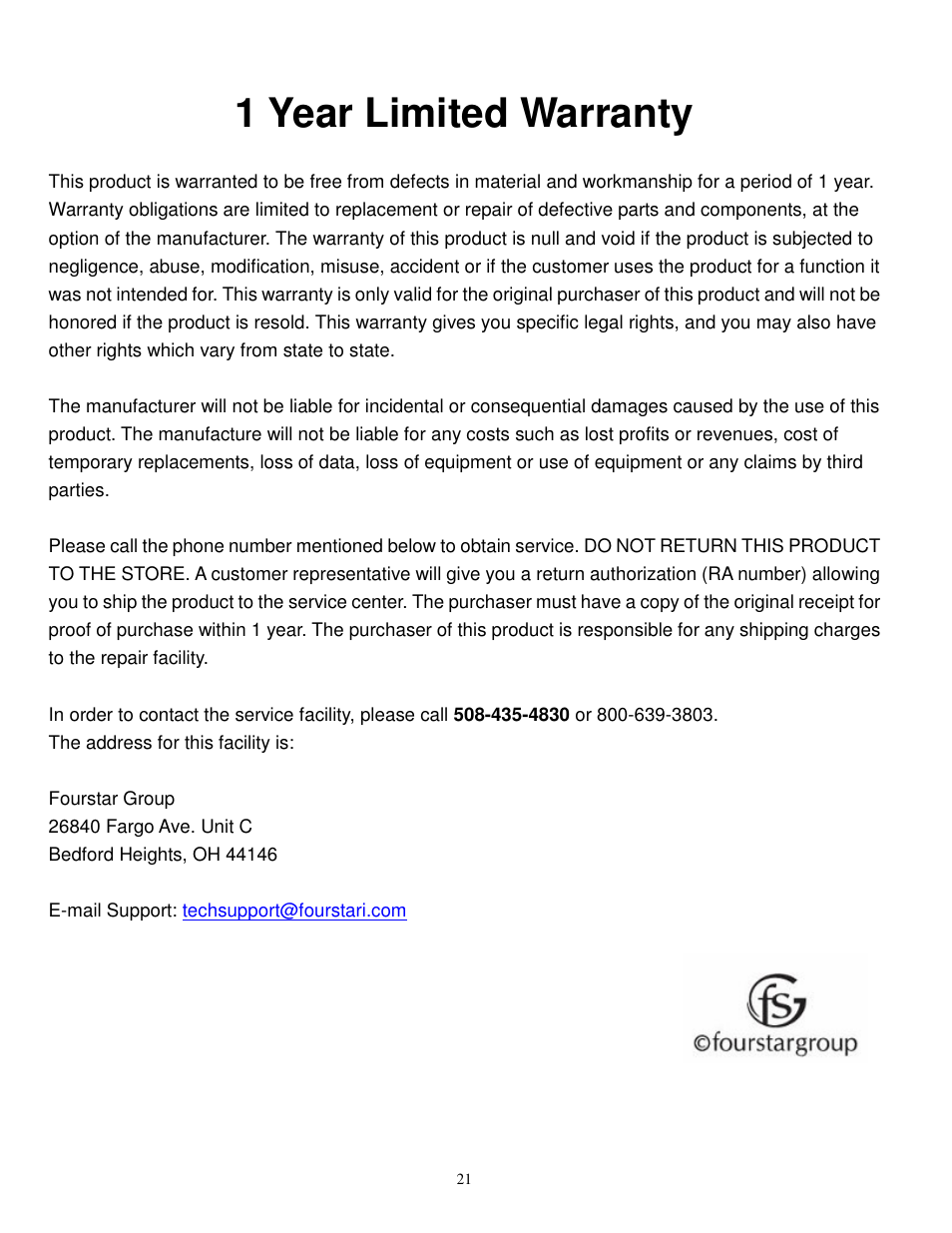 1 year limited warranty | Synapse Films 11009987 User Manual | Page 21 / 41