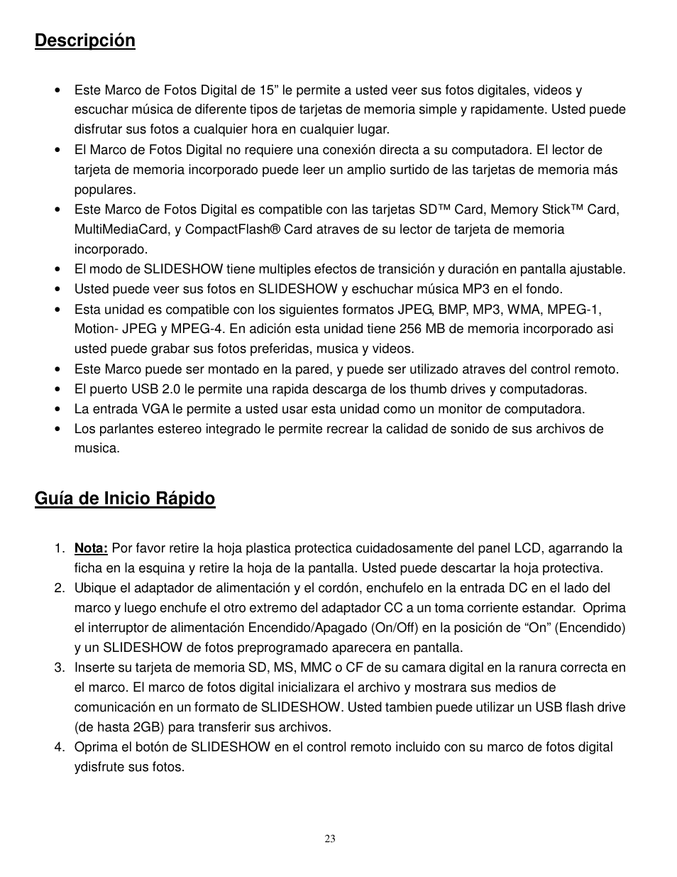 Descripción, Guía de inicio rápido | Synapse Films 11009987 User Manual | Page 23 / 41