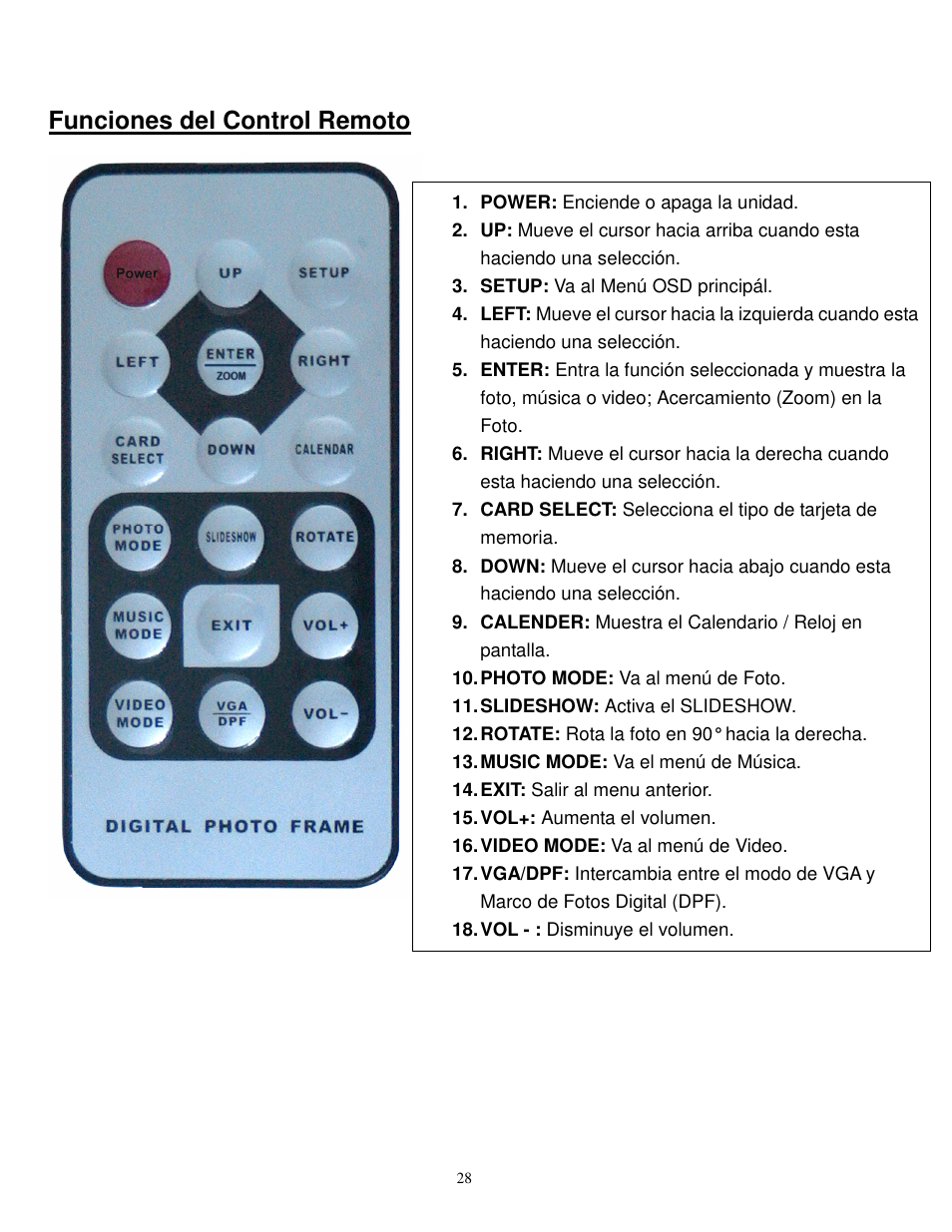 Funciones del control remoto | Synapse Films 11009987 User Manual | Page 28 / 41