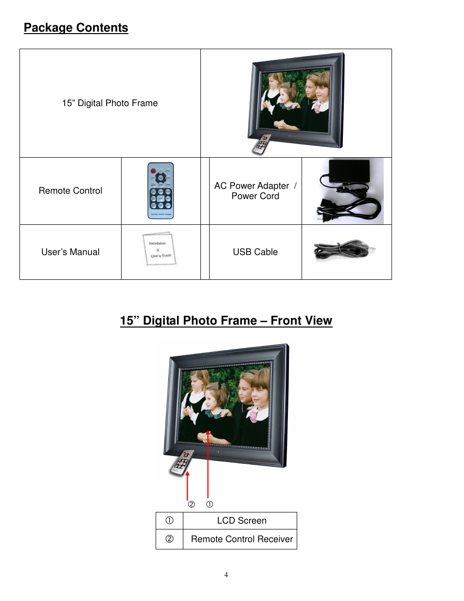 Package contents, 15” digital photo frame – front view | Synapse Films 11009987 User Manual | Page 4 / 41