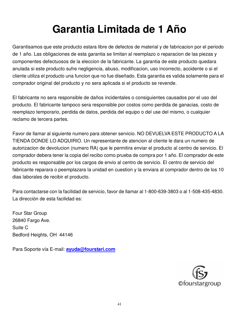 Garantia limitada de 1 año | Synapse Films 11009987 User Manual | Page 41 / 41