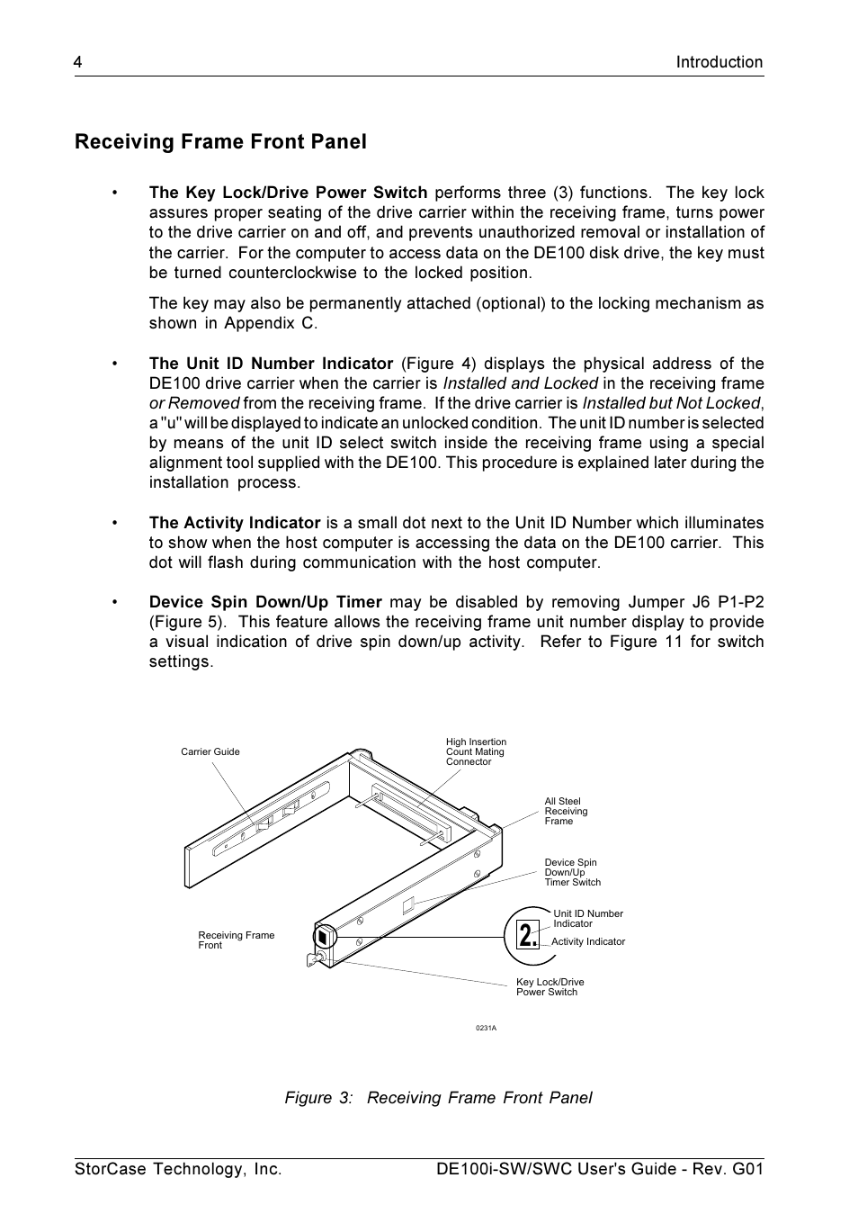 Receiving frame front panel | StorCase Technology DE100i-SWC User Manual | Page 11 / 35