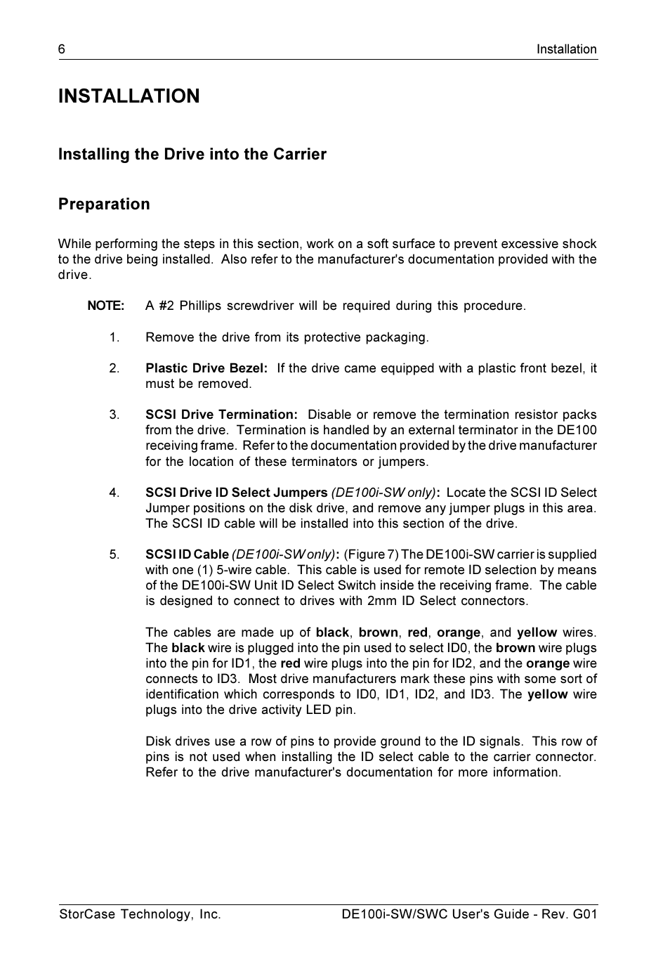 Installation, Installing the drive into the carrier preparation | StorCase Technology DE100i-SWC User Manual | Page 13 / 35