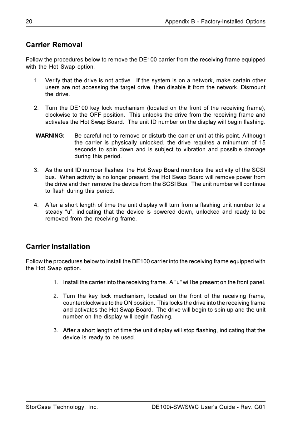 Carrier installation, Carrier removal | StorCase Technology DE100i-SWC User Manual | Page 27 / 35