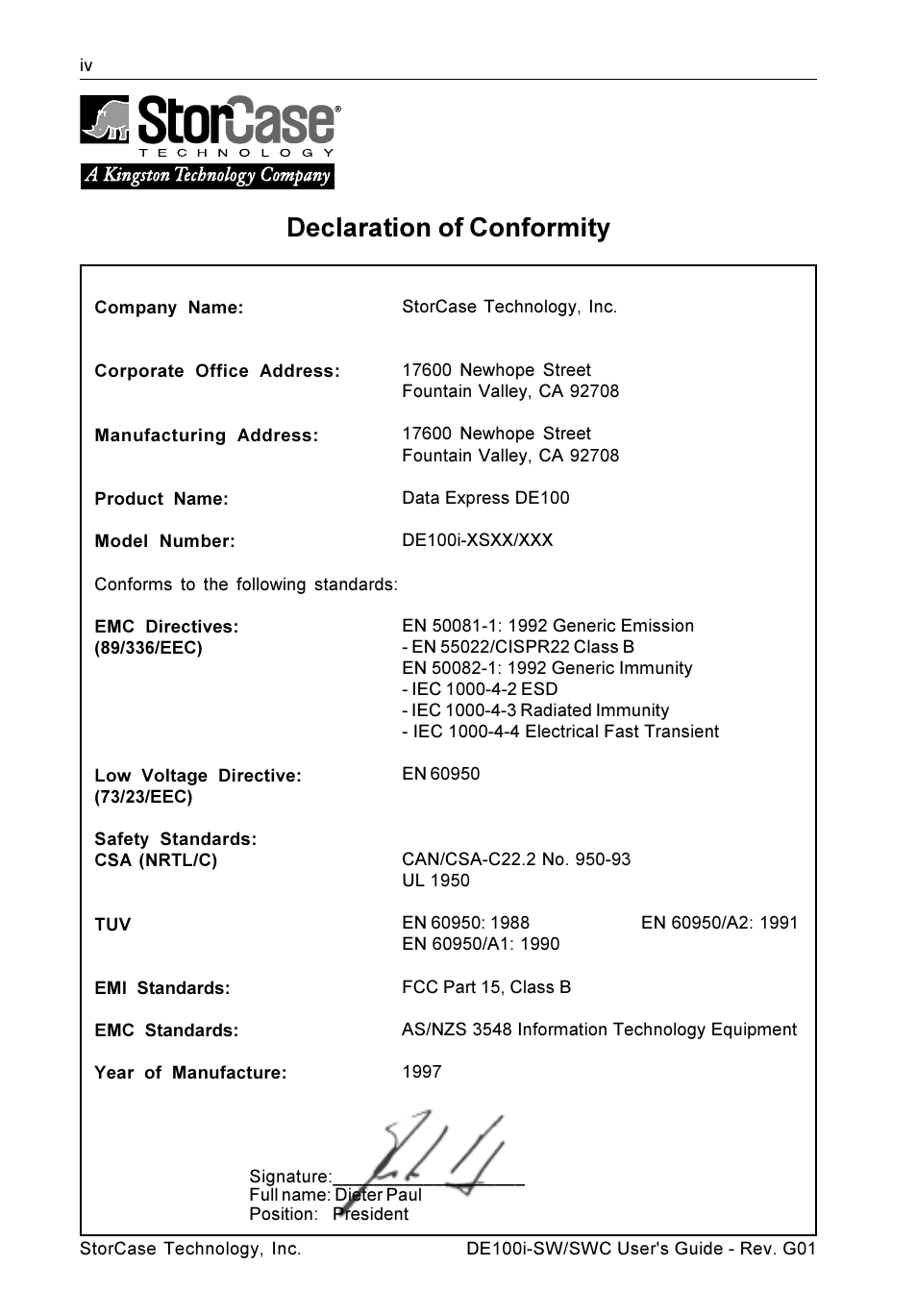 Declaration of conformity | StorCase Technology DE100i-SWC User Manual | Page 5 / 35