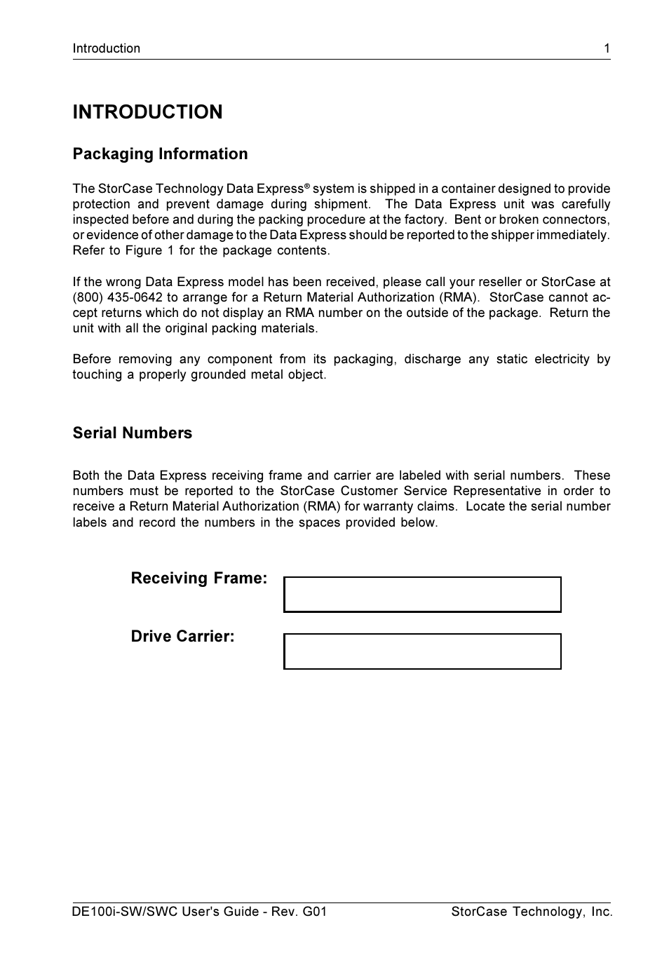 Introduction, Packaging information, Serial numbers | Receiving frame: drive carrier | StorCase Technology DE100i-SWC User Manual | Page 8 / 35