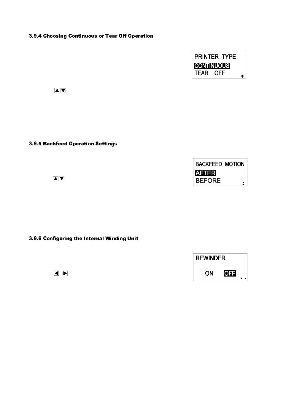 Choosing continuous or tear off operation -18, 5 backfeed, Operation | Settings, Configuring the internal winding unit -18, 4 choosing continuous or tear off operation, 5 backfeed operation settings, 6 configuring the internal winding unit | SATO GT424 User Manual | Page 54 / 152