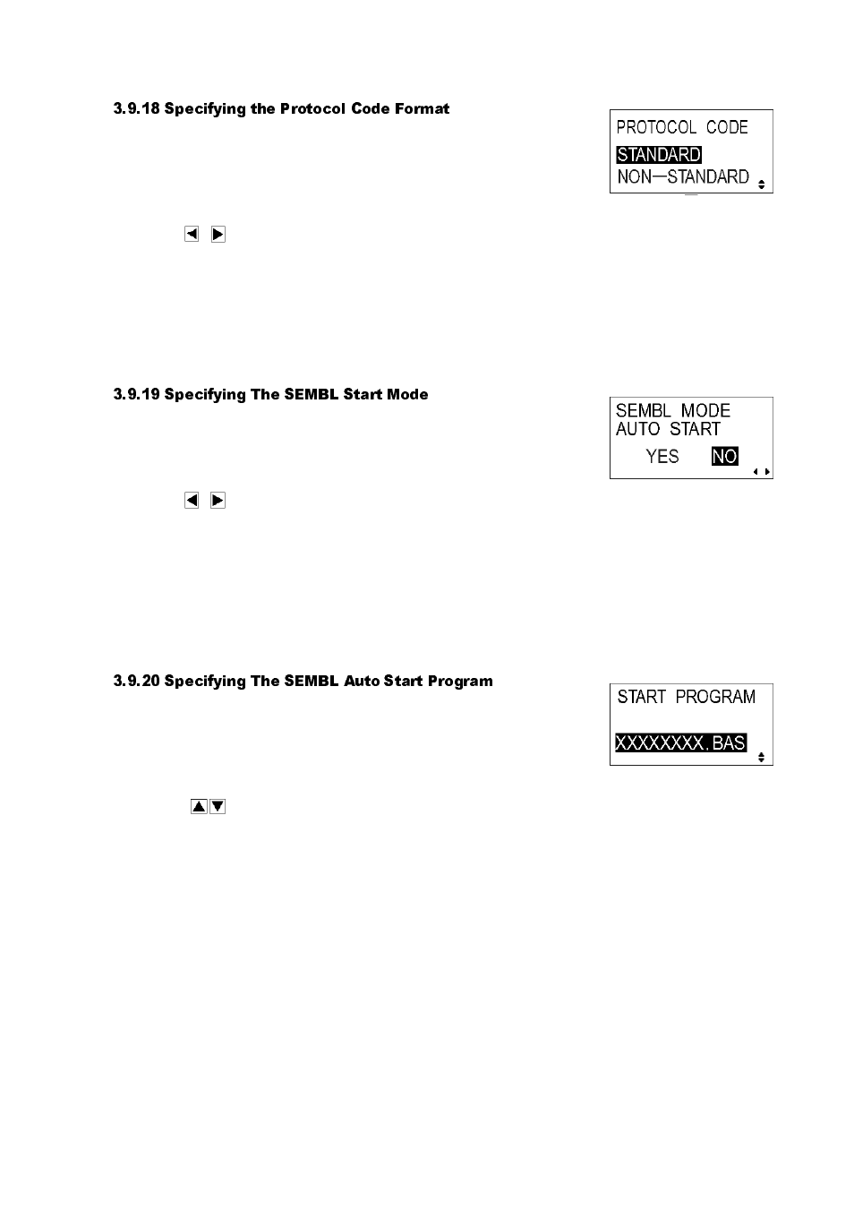 18 specifying the protocol code format, 19 specifying the sembl start mode, 20 specifying the sembl auto start program | SATO GT424 User Manual | Page 59 / 152