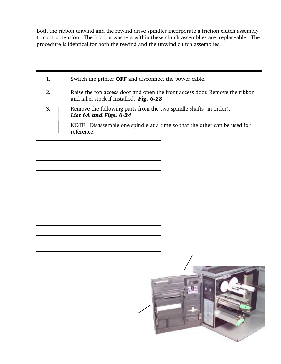 9 replacing the ribbon drive clutch washers, List 6a, Fig. 6-23 | SATO CL 408e User Manual | Page 119 / 219