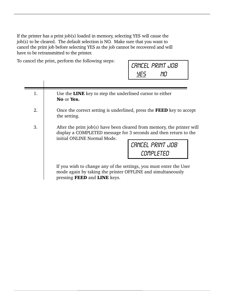 Cancel print job yes no cancel print job completed, Lcd panel— normal mode | SATO CL 408e User Manual | Page 32 / 219