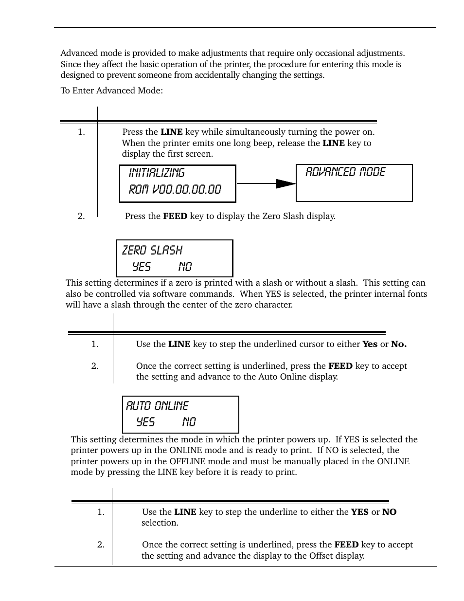 Zero slash yes no, Auto online yes no, Lcd panel— advanced mode | SATO CL 408e User Manual | Page 33 / 219