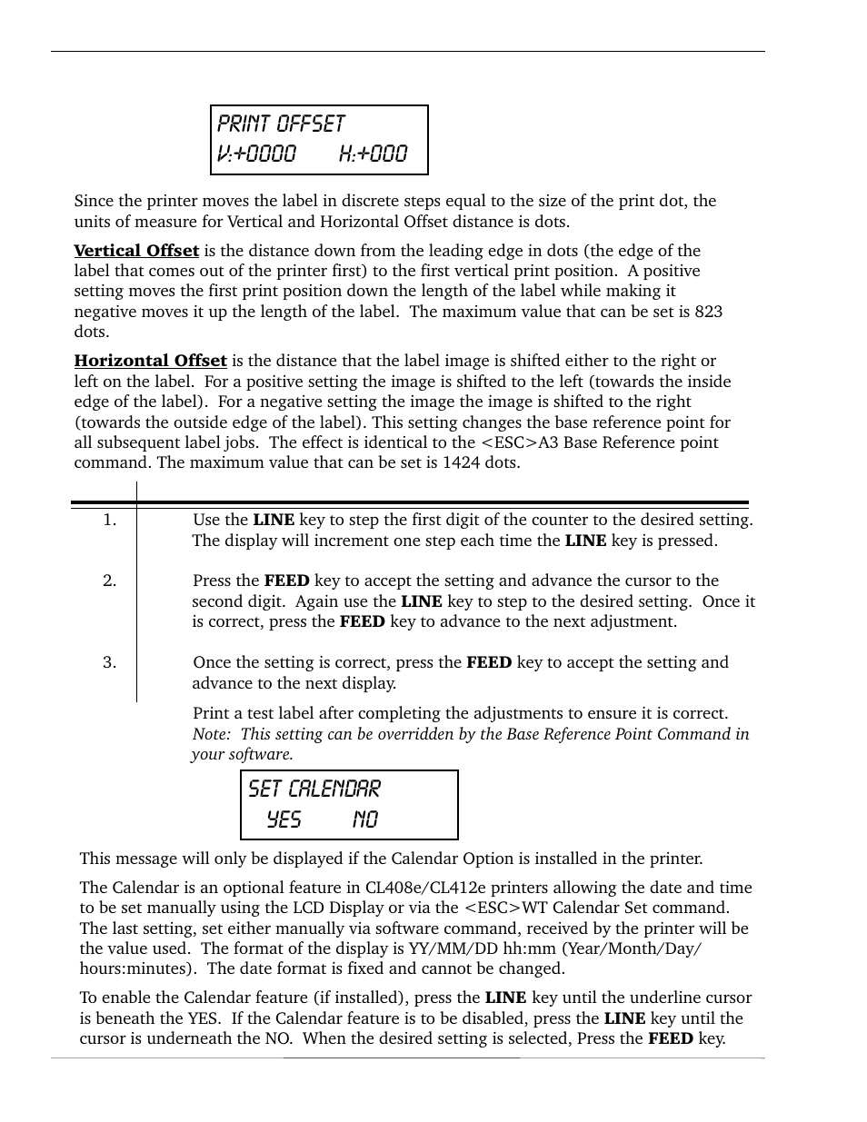 Set calendar yes no, Lcd panel — advanced mode | SATO CL 408e User Manual | Page 34 / 219
