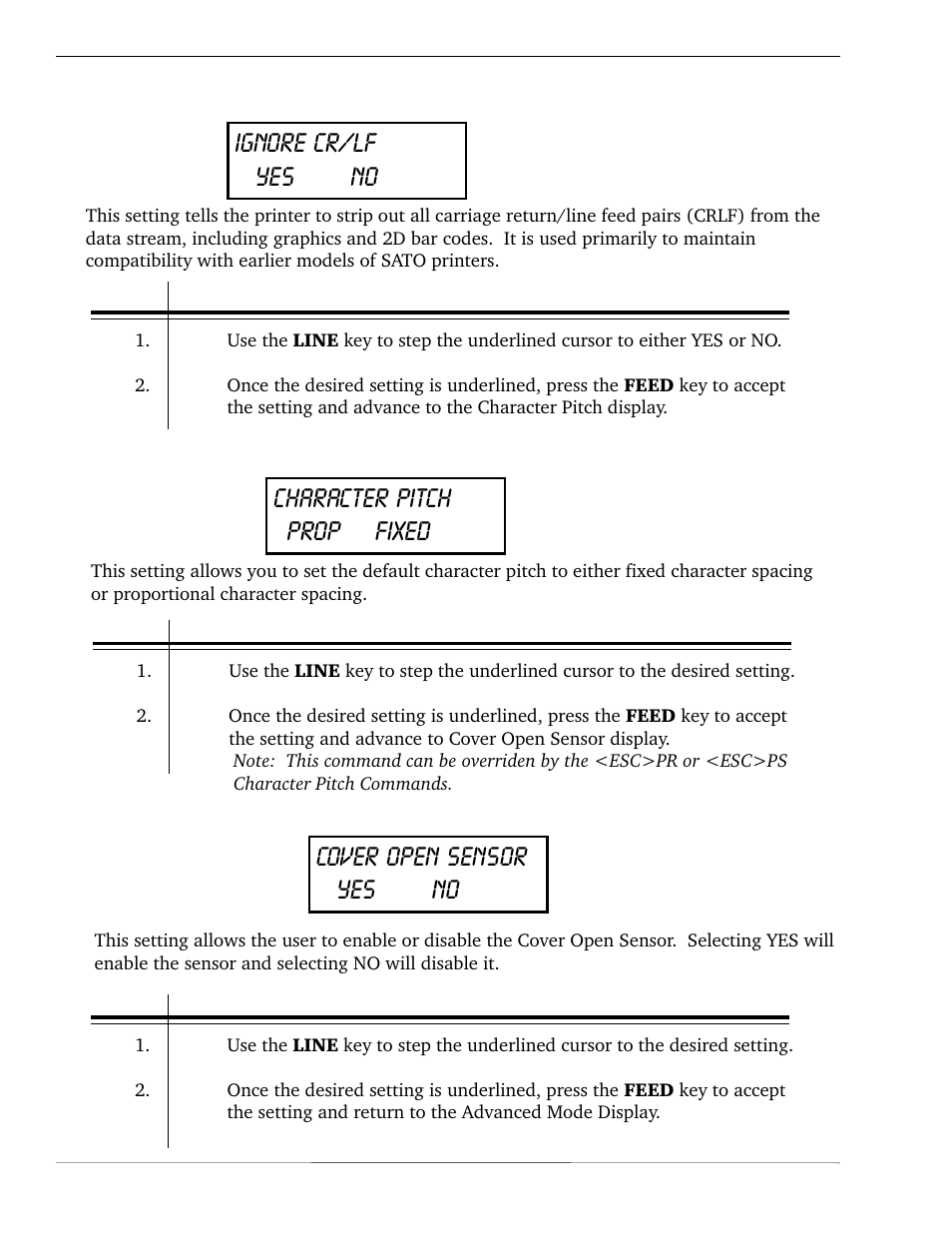 Character pitch prop fixed, Cover open sensor yes no, Ignore cr/lf yes no | Lcd panel — advanced mode | SATO CL 408e User Manual | Page 36 / 219